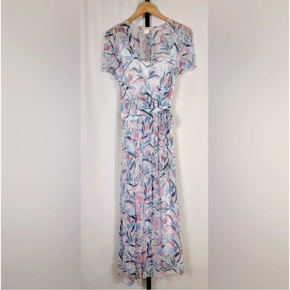 🆕 Club Monaco Birds of Paradise Maxi Wrap Dress Blue and Pink Chiffon, Size 4 - Picture 9 of 16